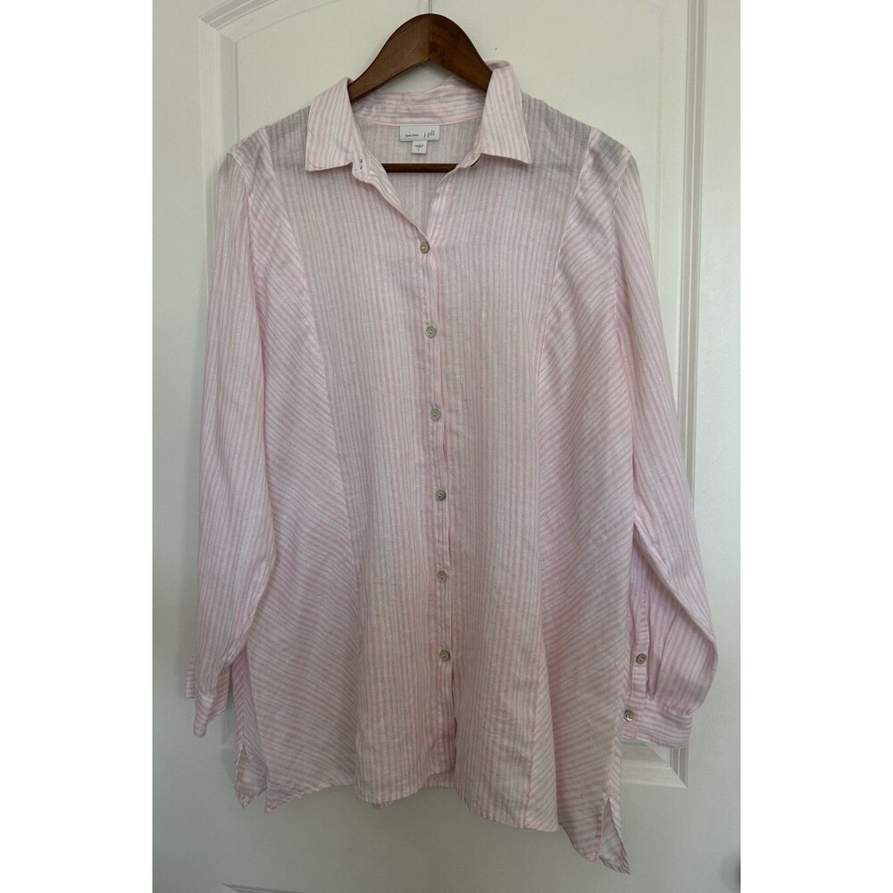 J Jill Womens Shirt Large Blouse Love Linen Striped Tunic Coastal Lagenlook FLAW